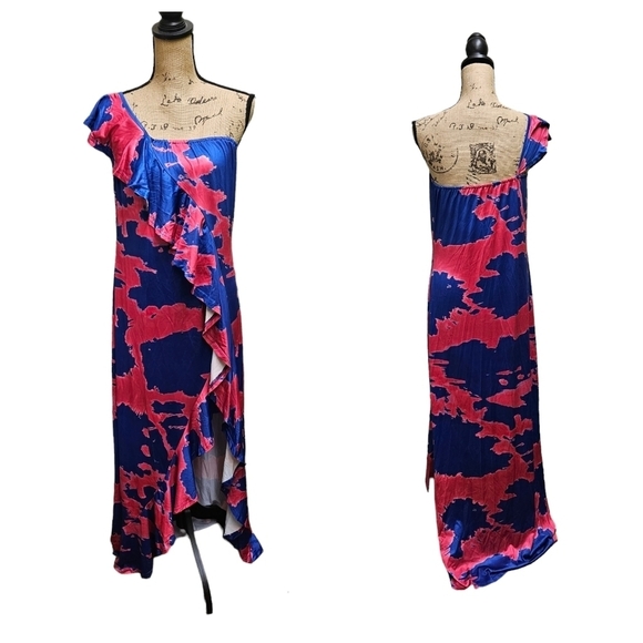 Asymmetrical Sundress Blue & Pink One Shoulder Ruffled - Picture 10 of 12